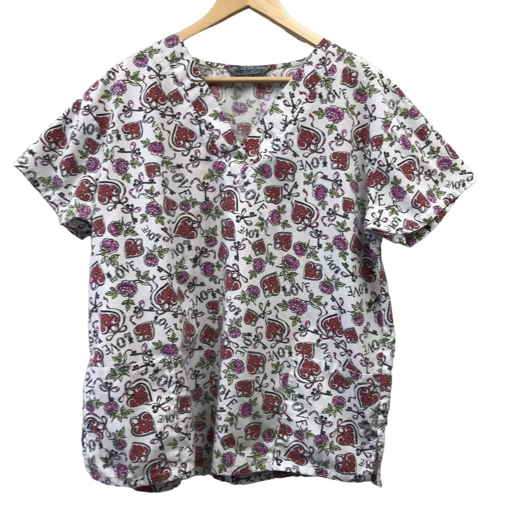 Scrub Top Womens XL Love White Red Black Pink Green Wear For Care